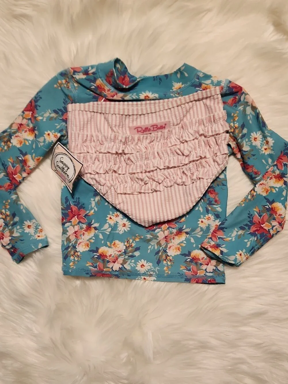 Ruffle Butts Teal Floral Kids Swim Rashguard - Girls Size 4T - Ruffle Butts